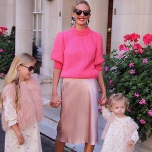 NWT Ganni Julliard Hot Pink Mohair Wool Mock Neck Puff 3/4 Sleeve Sweater M